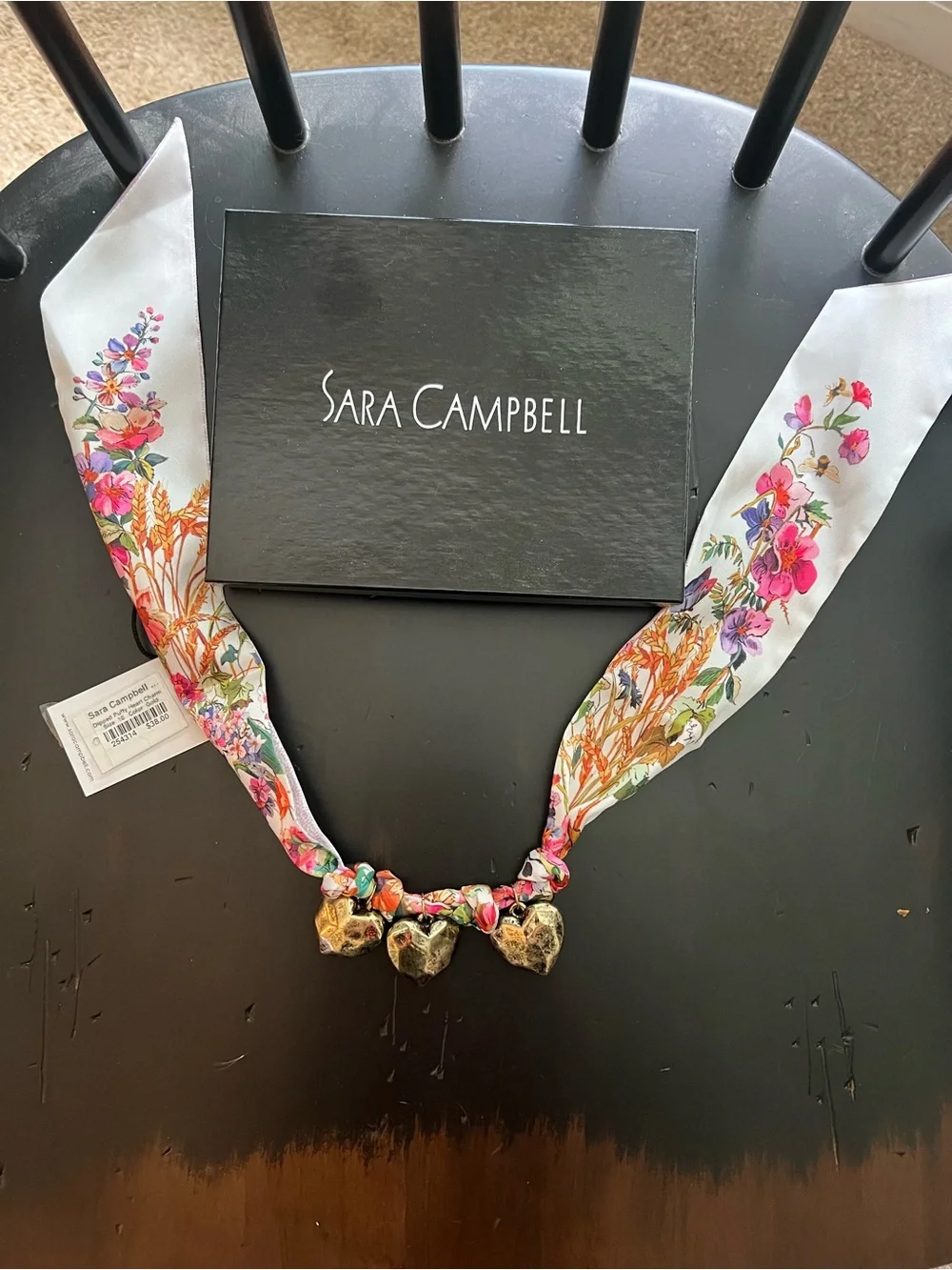 Sara Campbell Floral Silk Scarf Necklace in White with Multicolor Print